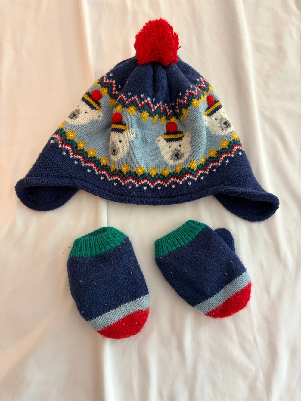 Baby Boden Navy Polar Bear Earflap Hat with Red Pom and Green-Trim Mittens